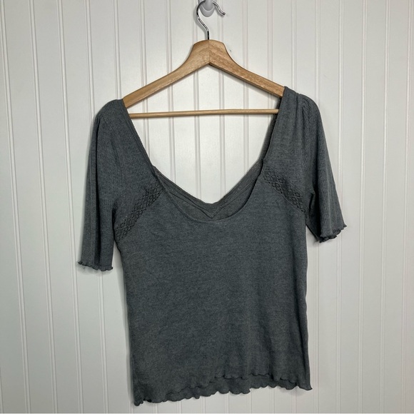 Free People Top Large Gray Lace Short Sleeve Ribbed Margaux Sweetheart Tee - Picture 8 of 8